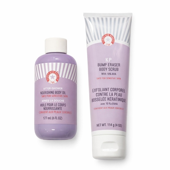 First Aid Beauty Other - First Aid Beauty Lavender KP Bump Eraser Body Scrub + Nourishing Body Oil & Bag